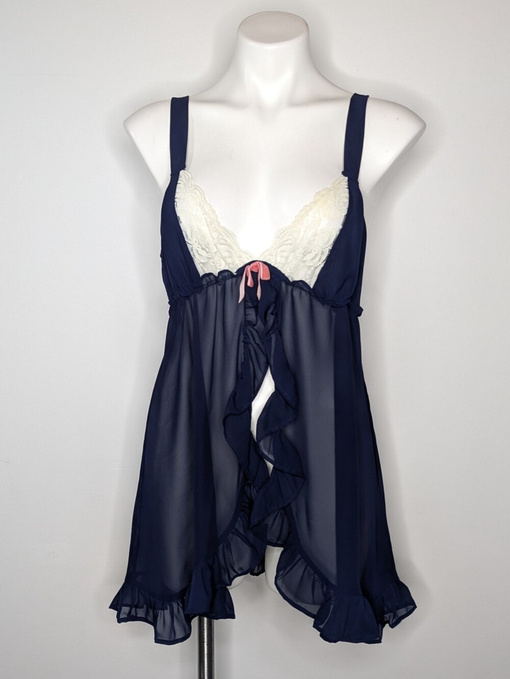 Flora Nikrooz Blue White Pink Sheer Lace Babydoll Lingerie L